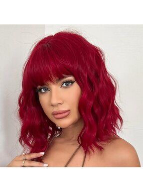 Women's Red Soft Short Bob Style Synthetic Shoulder Length Curly Wigs